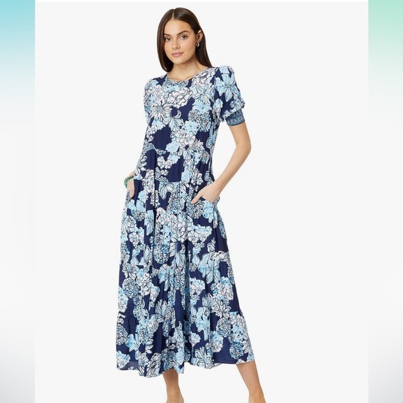 Lilly Pulitzer Blue and White Sundress with Cuffed 3/4 Sleeves - Picture 1 of 14